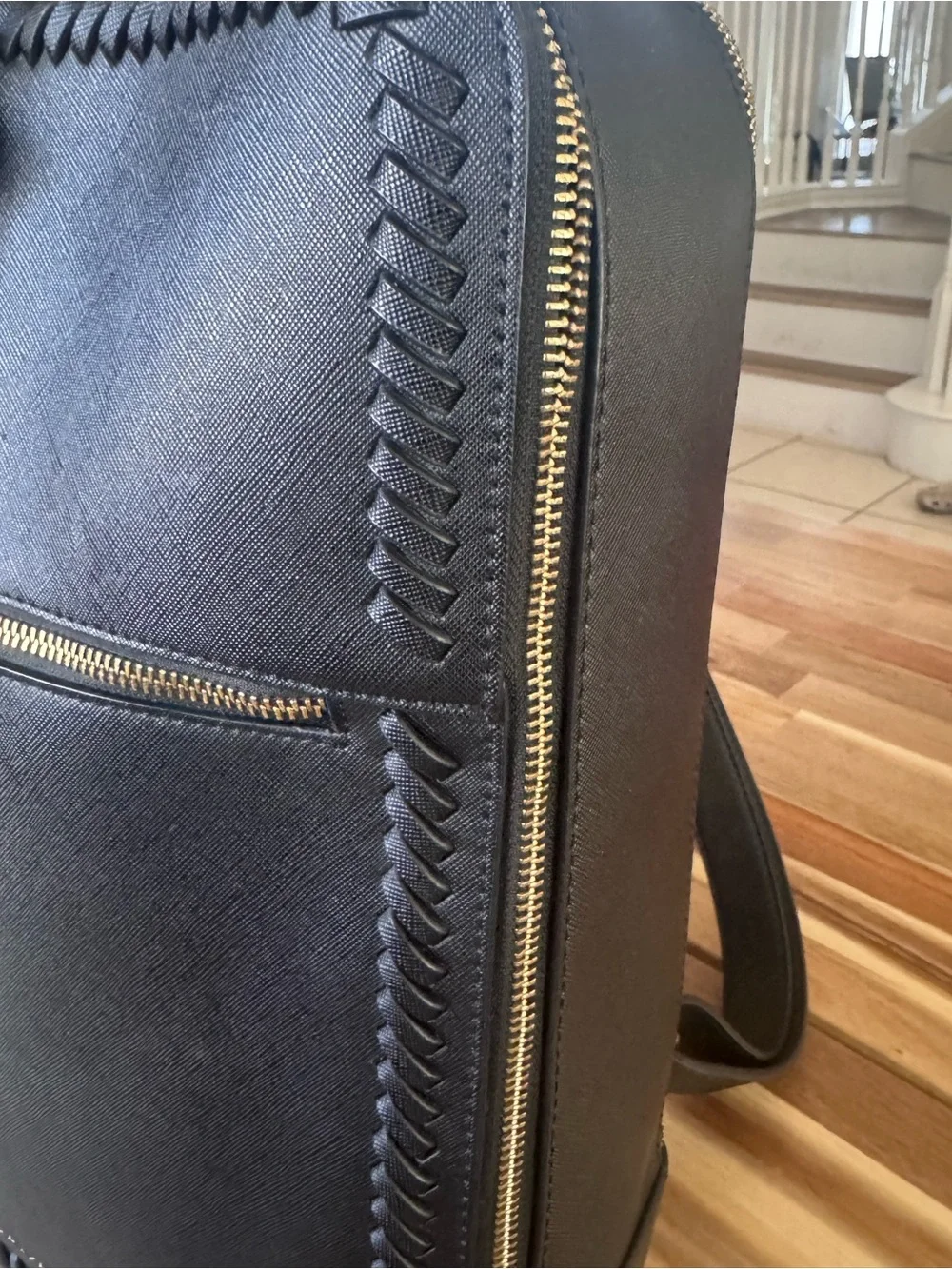 Calpak Black Structured Saffiano Backpack with Gold Hardware
